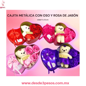 Caja Corazón Metalica de colores contiene 3 Rosas de Jabón y Osita Unicel decorada 12 x 11cm.