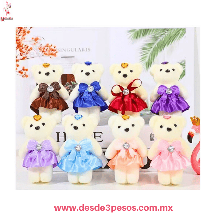 Llavero Osito Peluche con Vestido Satinado y Diamante en colores 11 x 7 cm. Precio por 1 pza. - Imagen 2