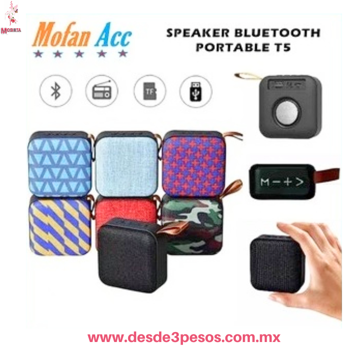 Mini Bocina Bluetooth USB Portátil T5 Diseño Cubo Textil con Correa 9 X 9 cm. - Imagen 2
