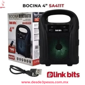 Bocina Bluetooth Portatil Link Bits 4" con Luz LED y TWS  Modelo SA411T 15 x 12 cm.