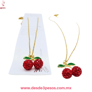 Collar Dorado con Dije colgante de Cereza con piedras brillantes  26 cm de largo 25E-72