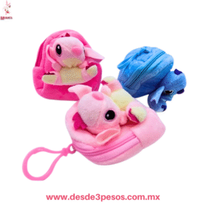 Monedero Llavero con cierre en  Peluche con figura de STITCH al frente en 3 tonos 10 x 10 cm