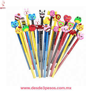 Paquete con 12 lapiz con Borrador de figuras en la parte superior 19 cm. De largo