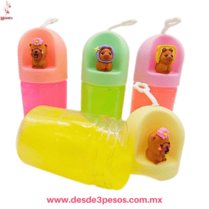 Slime con glitter en colores con muñeco Capybara en tapa 12 x 5 cm. Caja con 12 pza. precio por 1 pza.