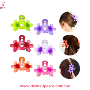 Bolsa con 12 pinza de peinado dos flores transparentes con colorido 9 x 5.5 cm