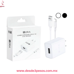 Combo Cargador  TIPO-C MARCA 1 HORA color negro  blanco 2.4A 12W MAX