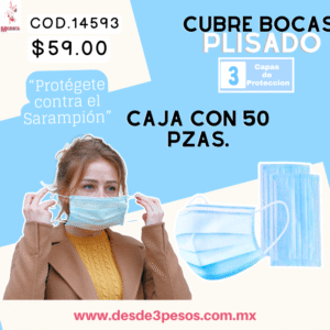Paquete con 50 piezas  de CUBRE BOCAS Color Azul  Plisado para Adulto  3 Capas de Proteccion