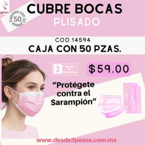 Paquete con 50 piezas  de CUBRE BOCAS Color Rosa  Plisado para Adulto  3 Capas de Proteccion