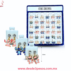 Caja C/36 Pares de Aretes de Stitch  Esmaltados con Zirconia Cúbica 2.5cm.