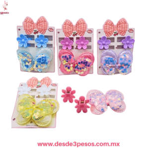 Blister de Moño con Lentejuela 7 x 5 cm. y Par de Pinzas 2cm. en colores 25N-24