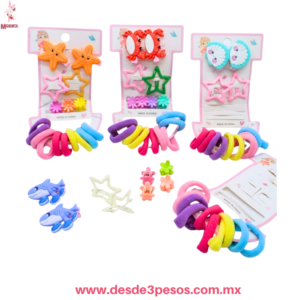 Blister de Par de picos con figura de goma, par de cucas, 4 mini pinzas y 10 mini ligas de colores 3 y 1 cm. Aprox. 5L-31