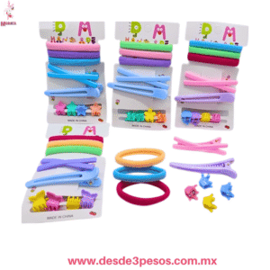 Blister de 3 ligas licra, 2 picos de Garza de Plastico y 4 Mini Pinzas 7 y 1 cm. 5L-33