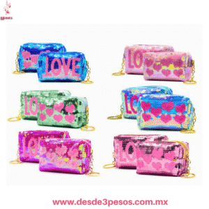 Monedero Llavero Cubierto de Lentejuela LOVE Y figuras de Corazon en colores 13 x 6.5cm. 25L-49