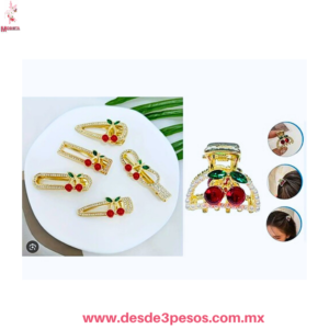 Blister de Cuca Y Pinza en color Dorado decorada de Cherry Cubiertos de Pedreria 6 x 1.5 y 2.5 x 3.5 cm. 51-93