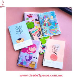 Libreta Francesa 20 hojas a rayas, espiral de plastico y pasta con figuras  13x 21cm.