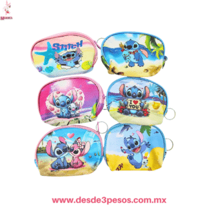 Llavero Monedero Redondo de tela decorado de Stitch  en varios colores 11 x 10 cm