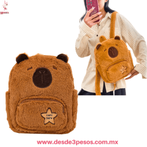 Mochila de Capibara Afelpada 2 Cierres Correa Ajustable 30 x 33 cm. 5D-32