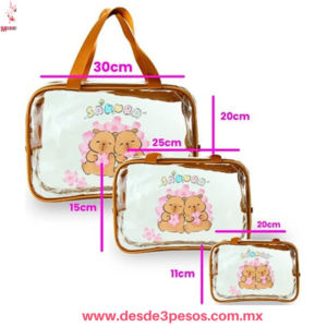 Set de 3 Cosmetiqueras CAPIBARA Hule grueso Transparente  30 x 20, 25 x 15 y 20 x 11 cm.