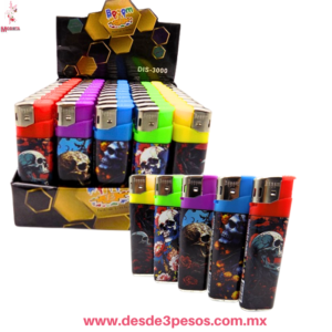Caja con 50 Encendedores de bolsillo Personalizados Boom con Boton Pulsador  8 x 3 cm. DIS-3000