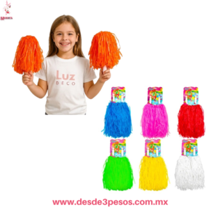 Par de pompones mechudos color mate tipo lluvia con mango de plástico, variedad de colores 30 cm de largo