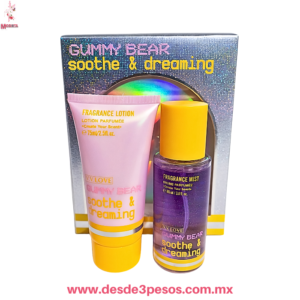 Juego de Perfume y Crema GUMMY BEAR aroma frutal uva 80 ml. Y 75ml. Lila