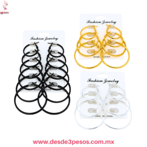 Blister con 6 Par de Arracadas Metal 3.5 , 4 , 4.5 , 5 , 5.5 y 6 cm de Diametro en color Dorado Plata y Negro MC22-C12