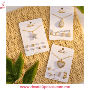 Blister de Cadena con Dije y 4 pares de Aretes metalicos color Dorado y varias figuras 250-12