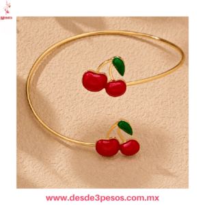 Brazalete Ajustable decorado con pedreria y figura de Cereza en material de metal dorado para Dama  25H-53