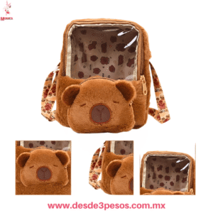 Bolso y Morral infantil de Capibara en material  Peluche  2 diviciones con cierres  25 x 21 cm E-617