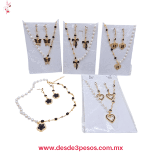 Collar de Metal  Largo Con Perlas  26 cm y Aretes Con Dijes 6 cm largo XH7902