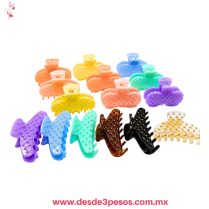 Bolsa con 12 Pinzas en forma de Moño y garra en colores con imitacion perlas doradas  10 x 6 cm. P26-11
