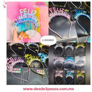Diadema con letras FELIZ CUMPLEAÑOS  y  Banda  en colores 1.60 cm largo