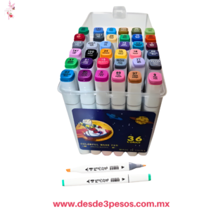 Estuche  de Plastico transparente con 36 Marcadores Doble Punta en varios colores  16 x 1 cm X-871