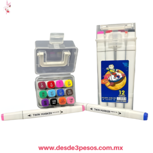 Estuche de Plastico transparente con 12 Marcadores Doble Punta en varios colores  16 x 1 cm X-869