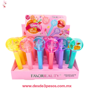 Brillo Labial en forma de Paleta con 6 Aromas Frutales FAVOR BEAUTY  12 X 4 cm. LG3716 Cajacon 24 pza. precio por 1 pza.