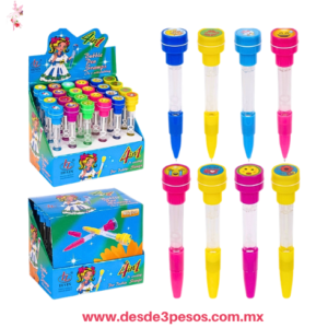 Bolígrafo 4 En 1 Pluma Con Sello Luz Burbujas Kawaii  Caja con 24 pza. precio por 1 pza. YON-8 16 cm alto
