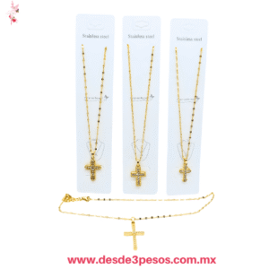 Cadena con Dije en forma de Cruz cubierto con pedreria de Oro Laminado en varios modelos  27 cm de largo XH7910