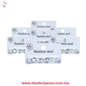 Tira con 12 paquetes con 3 par de Aretes diferente figuras en  Acero Inoxidable XH7811
