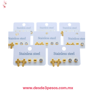Tira con 12 paquetes con 3 par de Aretes diferente figuras en Oro Laminado XH7810