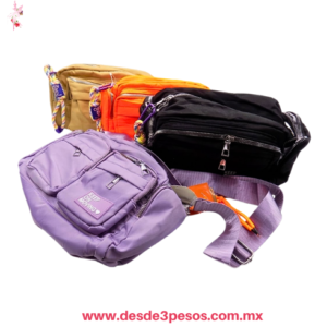 Bolso Nailon en Varios Tonos 6 divisiones con Cierres Llavero y Parche Frontal con Frase "KEEP ON MOVING" 28 x 20 cm. Correa Ancha N-512