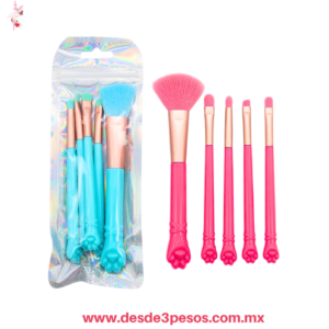 Set de 5 brochas de maquillaje decoradas con huellas de gato  dos tonos, 13, 16 y 12 cm de largo x 1 cm 25Q-158
