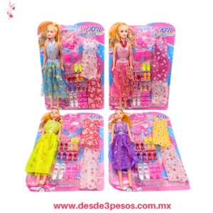 Set Barbie de Plastico con Cabeza de Goma incluye 8 par de Zapatillas 2 pza. de Vestidos y 5 Accesorios de Belleza 27 x 7 cm. 6A-243