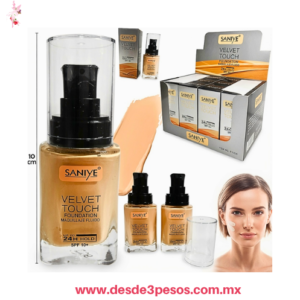 Base de maquillaje líquida Velvet Touch de Saniye, disponible en tonos como beige, fair y nature cobertura de hasta 24 horas y es resistente al agua 34ml. R1093 11 X 5 cm