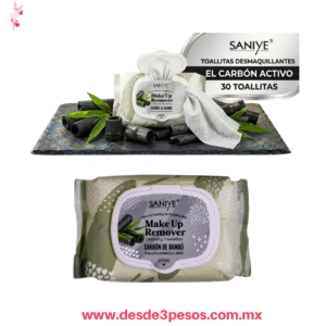 Toallitas desmaquillantes de la marca Saniye contiene 30 toallitas diseñadas con carbón activado o de bambú 17.5 X 20 cm. R2040