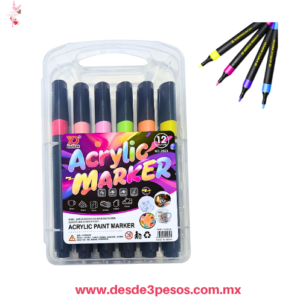 Set de 12 marcadores acrílicos en estuche de plástico transparente con asa, Tinta a base de agua punta redonda 14 x 2.5 cm