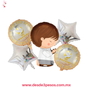 Set de 5 globos metálicos "Mi Bautizo" incluye globos con forma de estrella y figuras color plateado  46 X 72 Y 45 X 40 cm