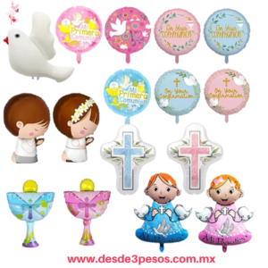 Globos Metalizados para eventos religiosos presenta diseños temáticos de bautismo, comunión y confirmación 70 X 45 cm. Aprox.