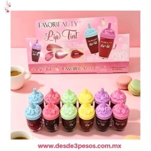 Tinta para labios Favor Beauty con temática de malteada incluye 24 piezas precio por 1 pza.  8.5 x 4 cm LG3760