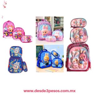 Trio Escolar de Mochila con Luz Led, Lonchera y lapicera de Personajes, 34 x 43, lonchera 26 x 24 y Lapicera 13 x 24 cm Mod. 163-7