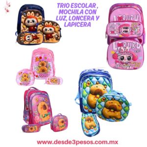 Trio Escolar de Mochila con Luz Led, Lonchera y lapicera de Personajes,  34 x 43, lonchera 26 x 24 y Lapicera 13 x 24 cm 163-1